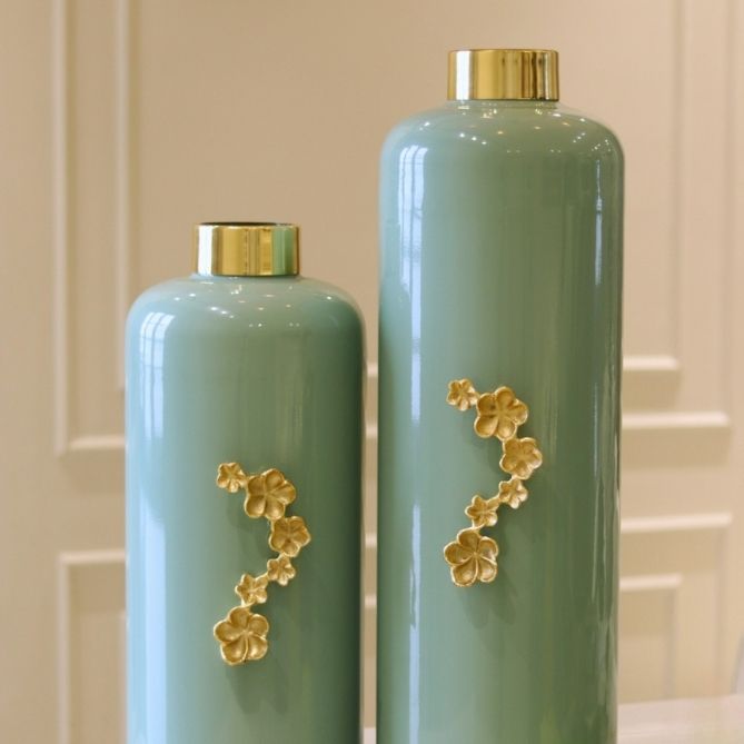 Aurora Aqua Luxury Metal Vase Set – Gold Floral Decor