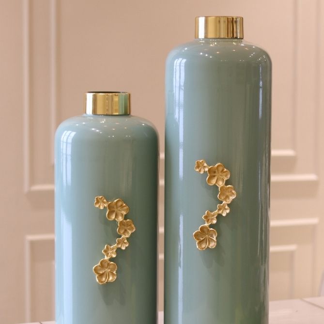 Aurora Aqua Luxury Metal Vase Set – Gold Floral Decor